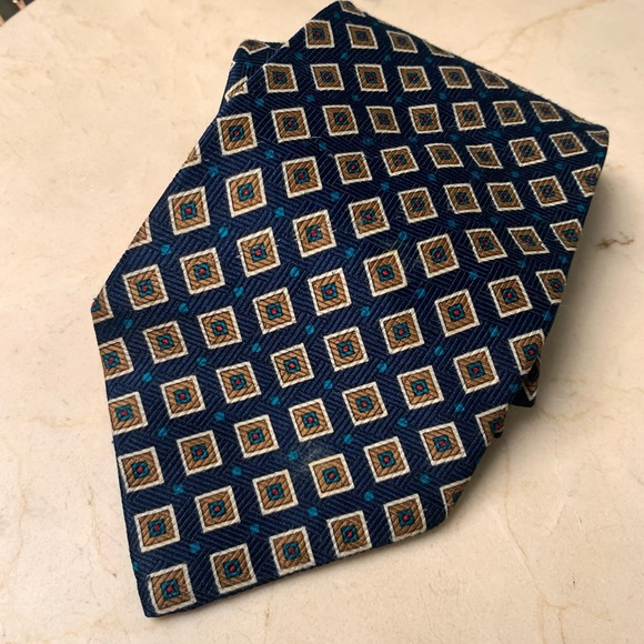 Parksder Navy Gold Geometric Patterned Handmade Silk Tie - Picture 1 of 7
